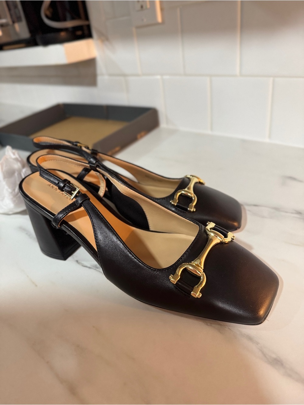 NEW Ann Taylor Black Leather Slingback Block Heels with Gold Hardware